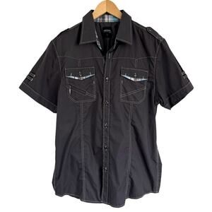 VERTICAL Men's LARGE Button Down Shirt Black Short Sleeve Streetwear Epaulets